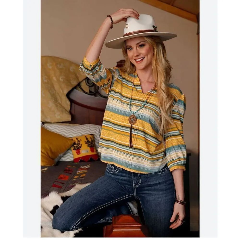 NEW Cruel Denim Blanket Stripe Blouse Womens Sz S Yellow Blue 3/4 Sleeve